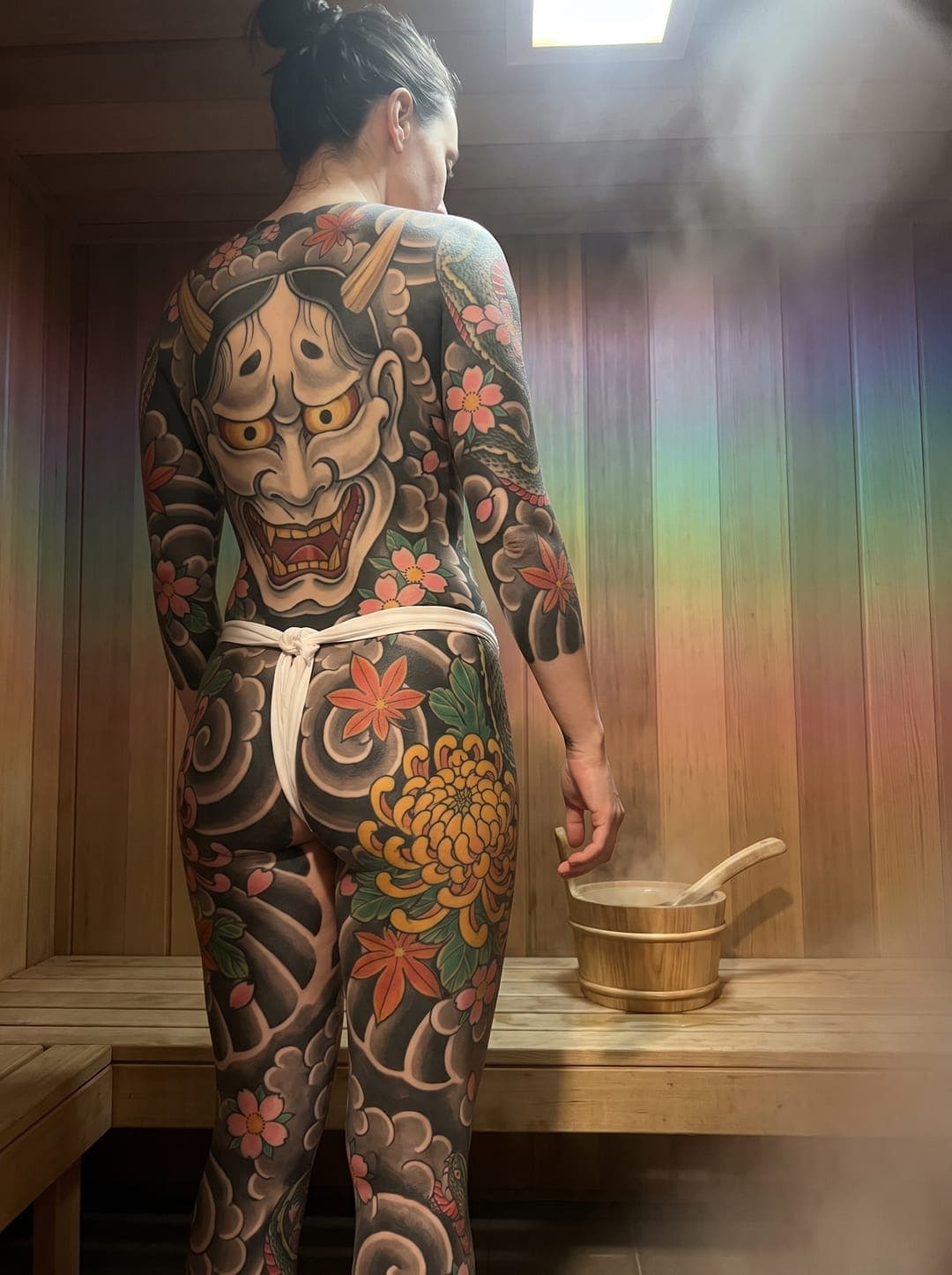 Hannya bodysuit in the sauna