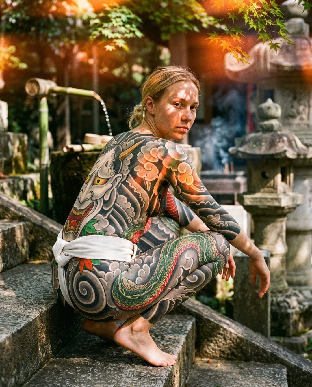 Full irezumi bodysuit at a temple, golden light