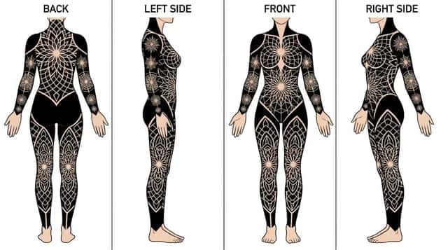 Geometric tattoo idea on a woman — bodysuit female