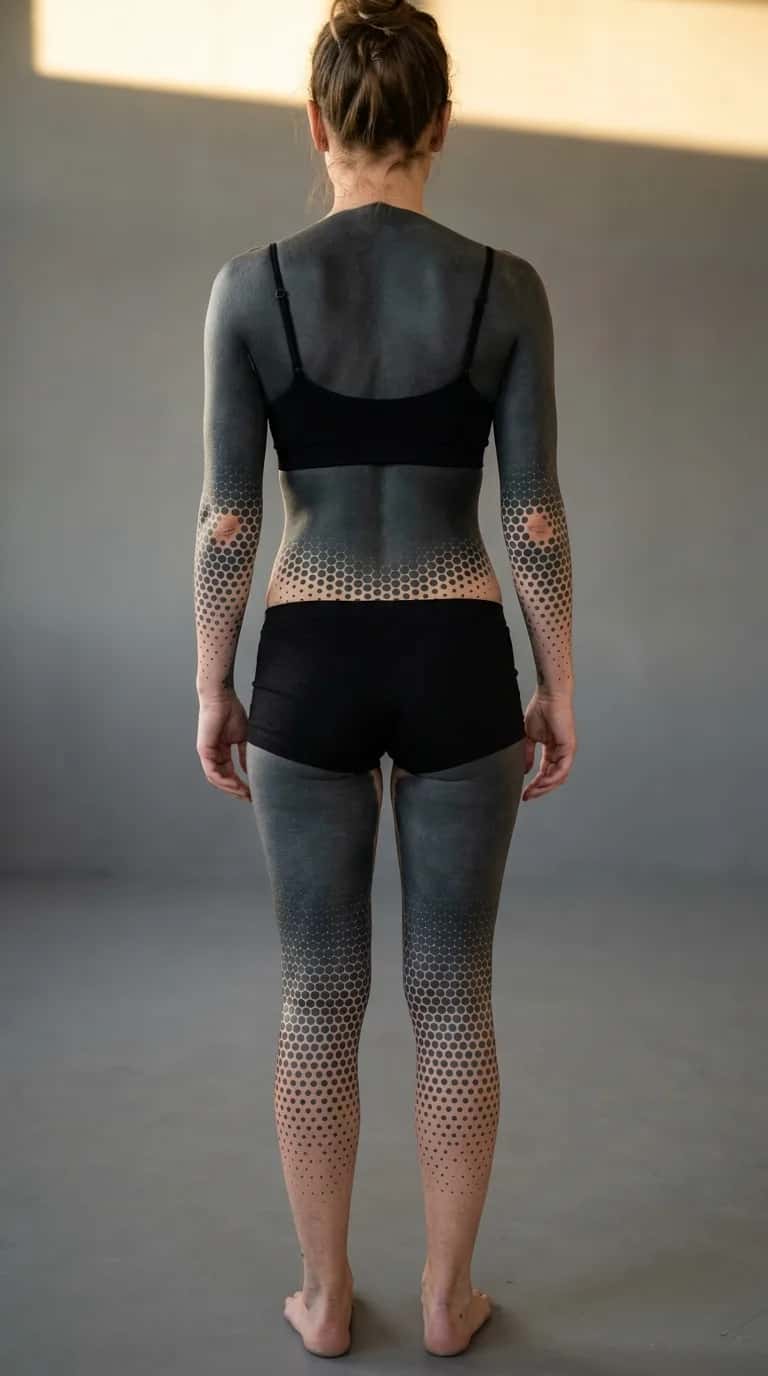 Blackout tattoo idea on a woman — dotwork fade