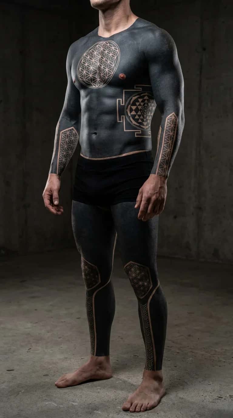 Blackout tattoo idea on a man — sacred geometry