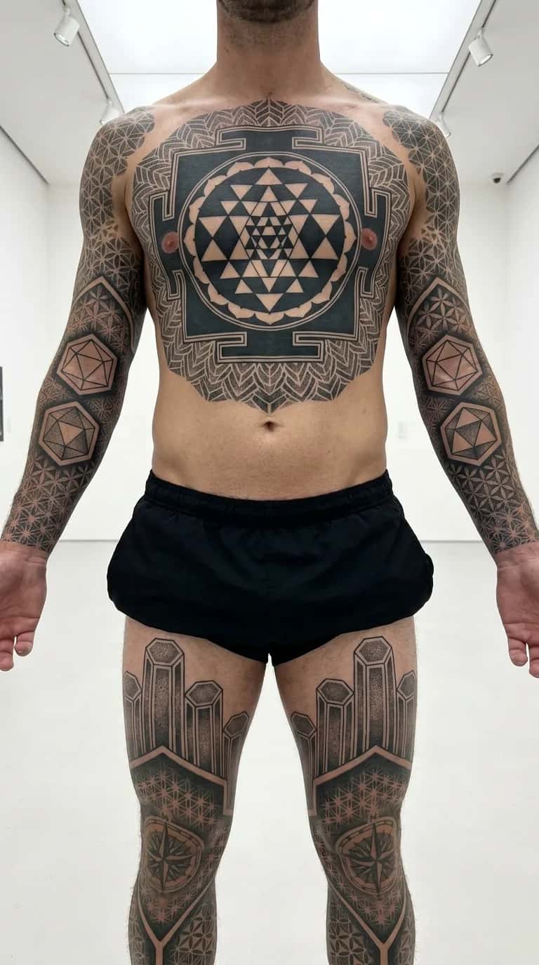 Geometric tattoo idea on a man — mandala