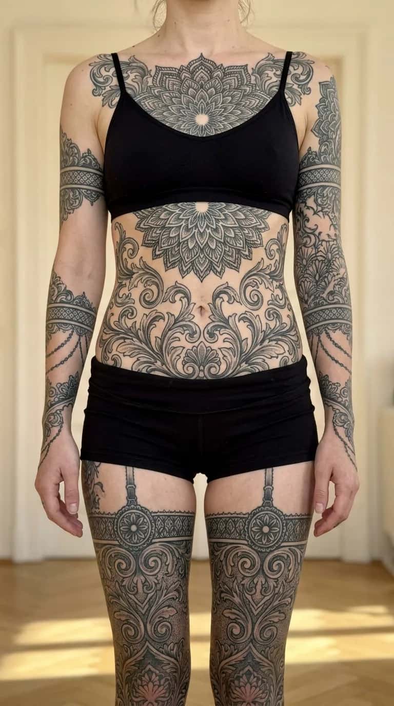 Blackwork tattoo idea on a woman — filigree