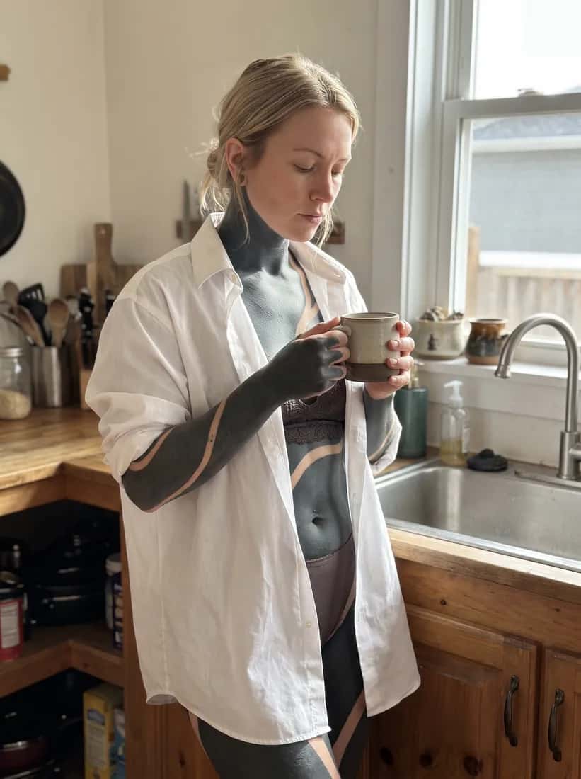 Blackout tattoo idea on a woman — kitchen morning coffee