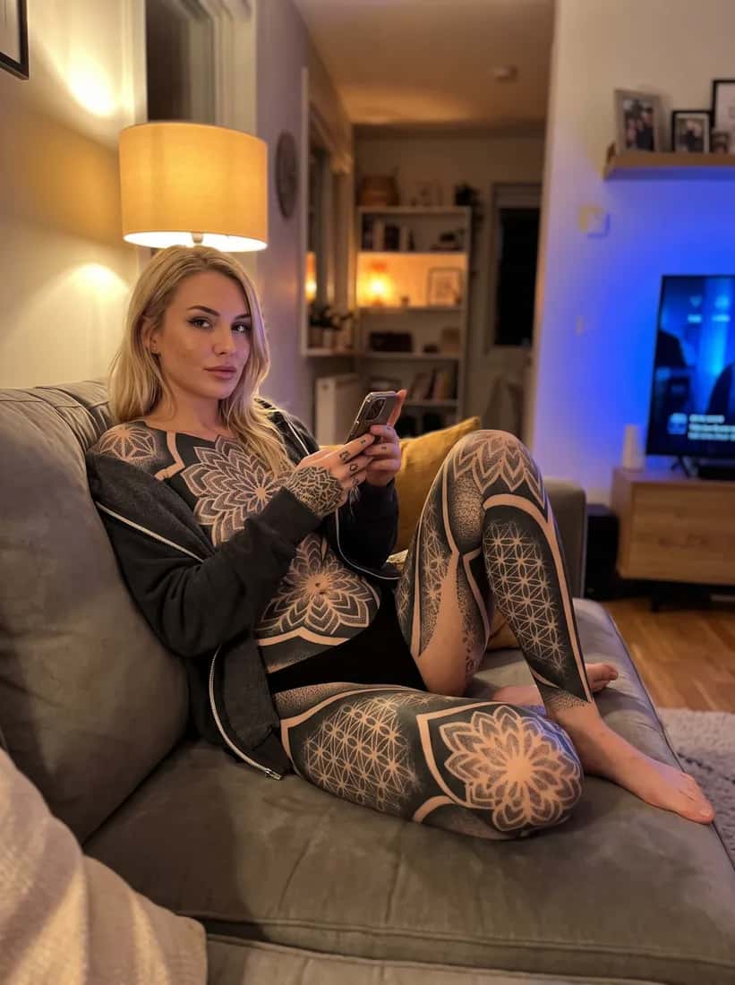 Geometric tattoo idea on a woman — couch lounge evening
