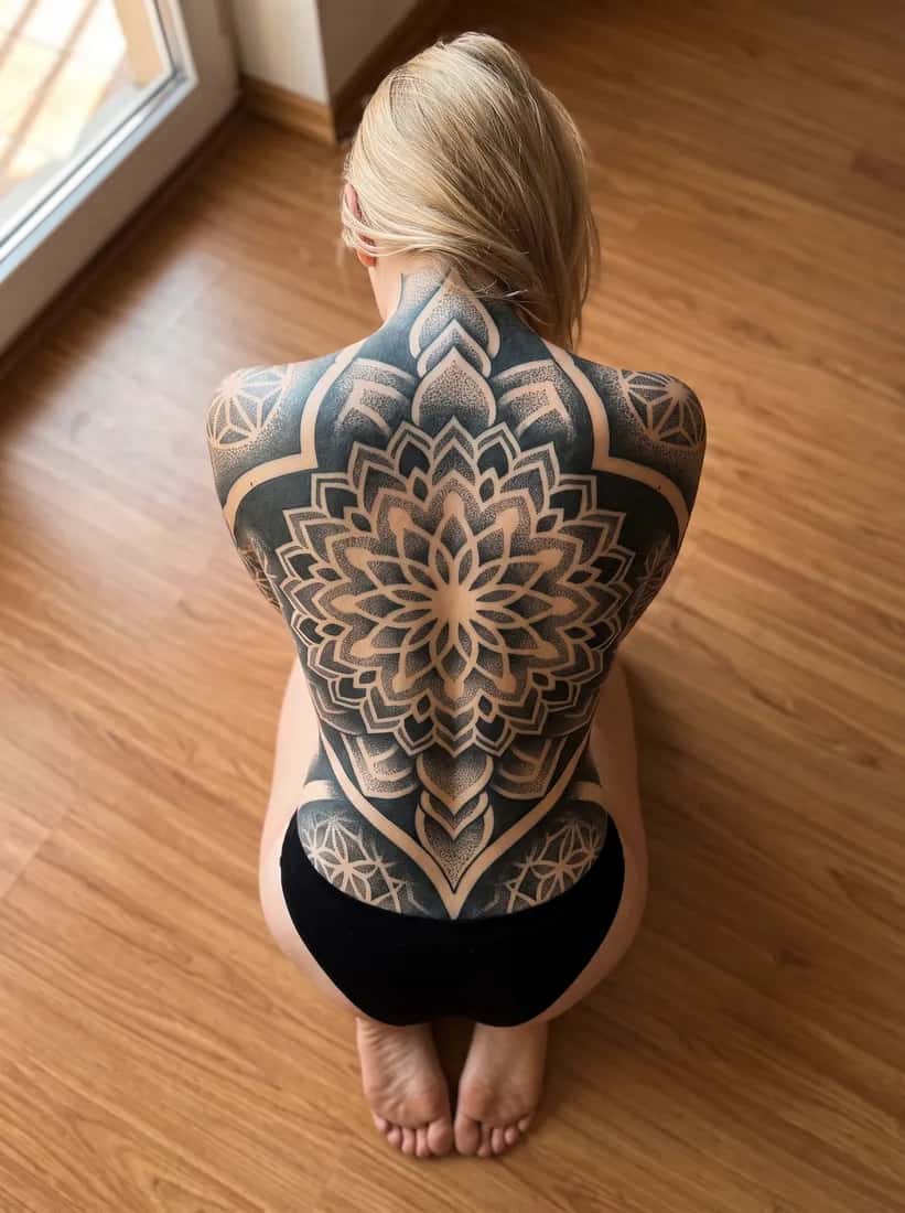 Geometric tattoo idea on a woman — floor overhead backpiece