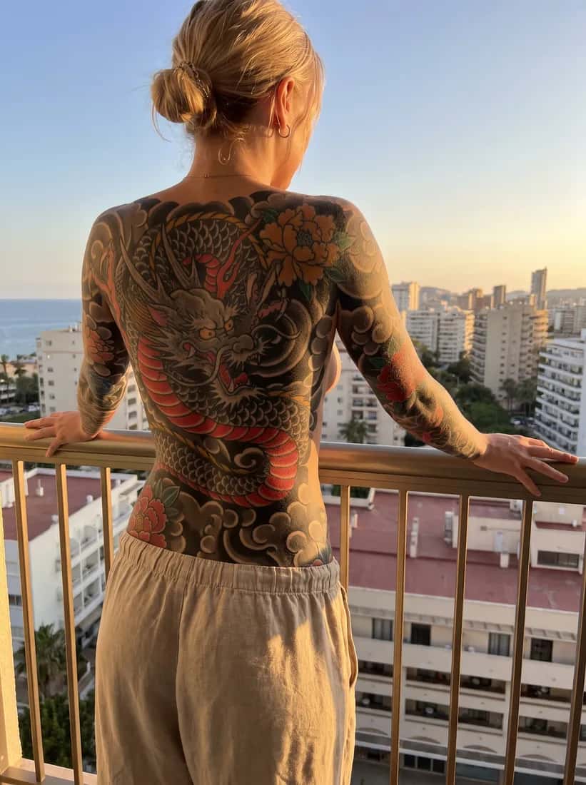 Japanese (Irezumi) tattoo idea on a woman — hotel balcony overlook