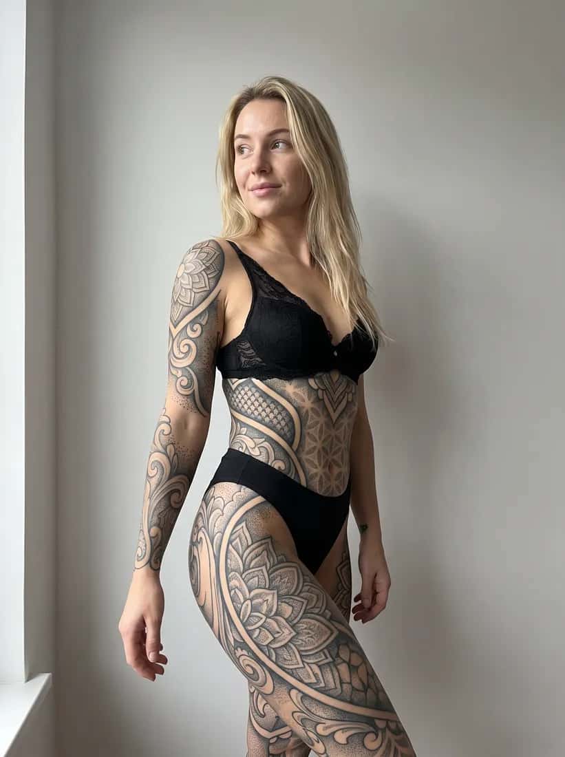 Blackwork tattoo idea on a woman — plainwall sleeve casual