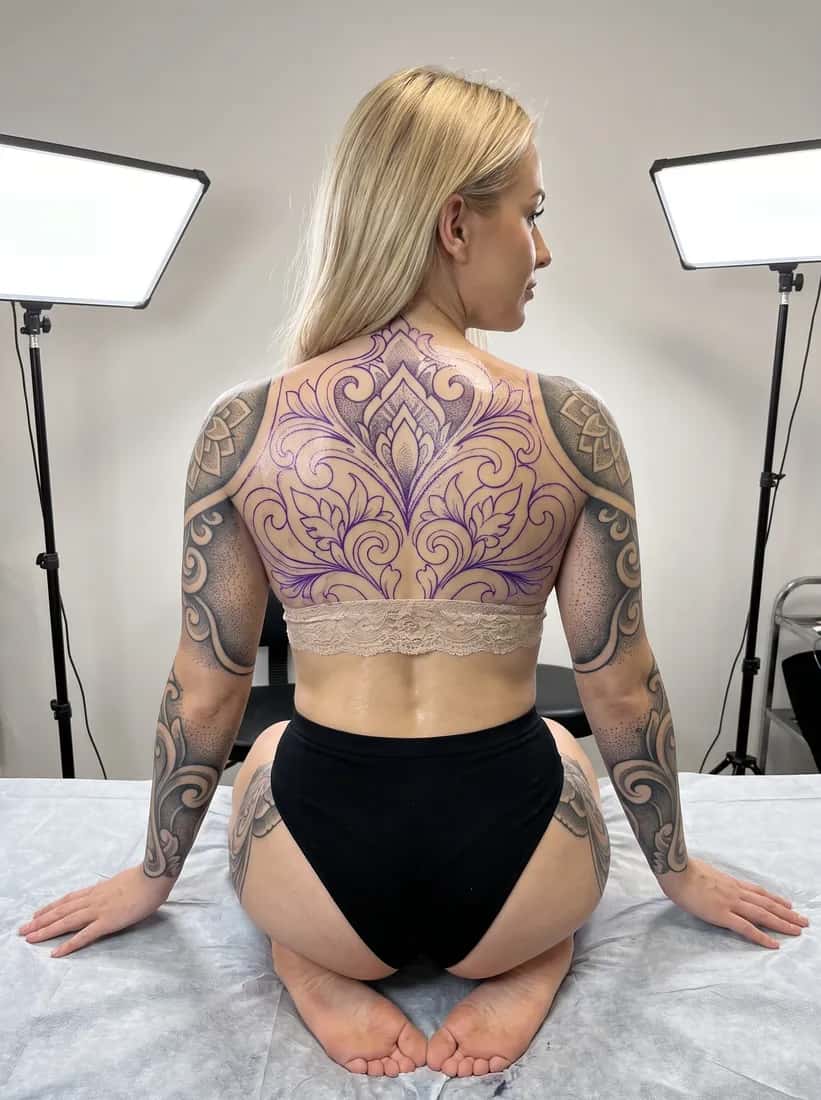 Blackwork tattoo idea on a woman — session stencil transfer