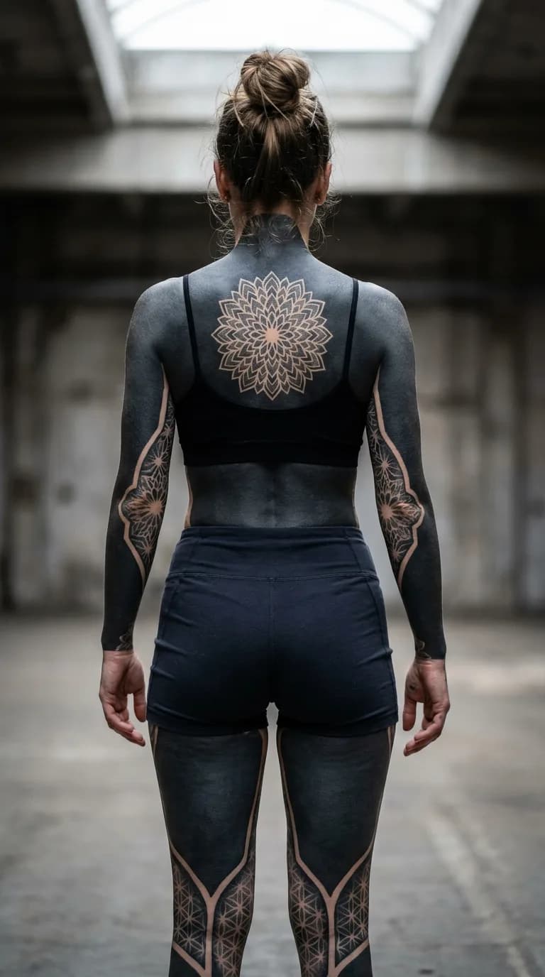 Blackout back piece with sacred-geometry negative space