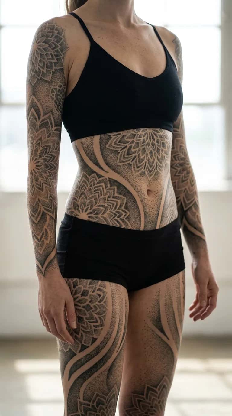Geometric tattoo idea on a woman — dotwork shoulder