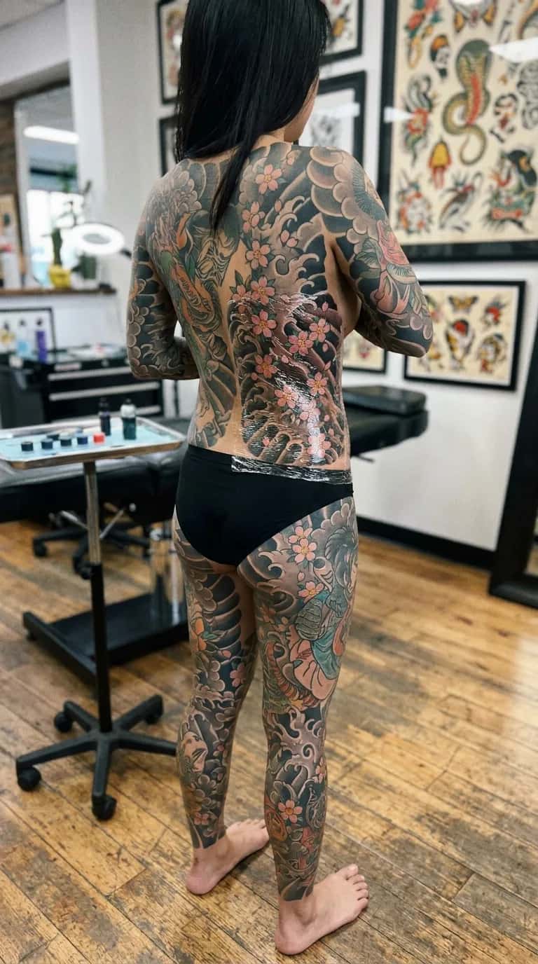 Japanese (Irezumi) tattoo idea on a woman — fresh glistening
