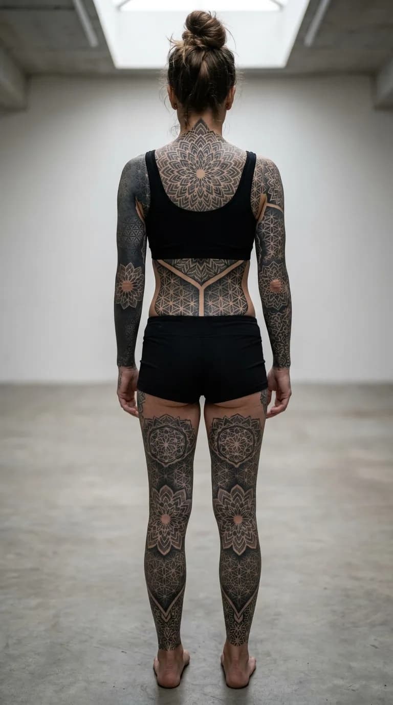 Geometric blackwork full back with central mandala