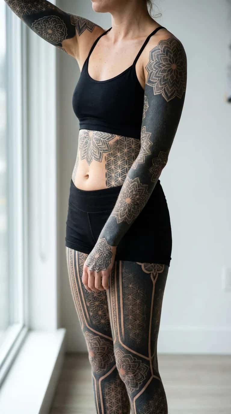 Blackwork tattoo idea on a woman — sleeve