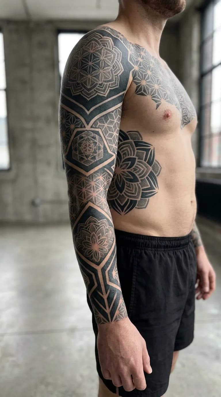 Bold geometric blackwork sleeve on a male figure