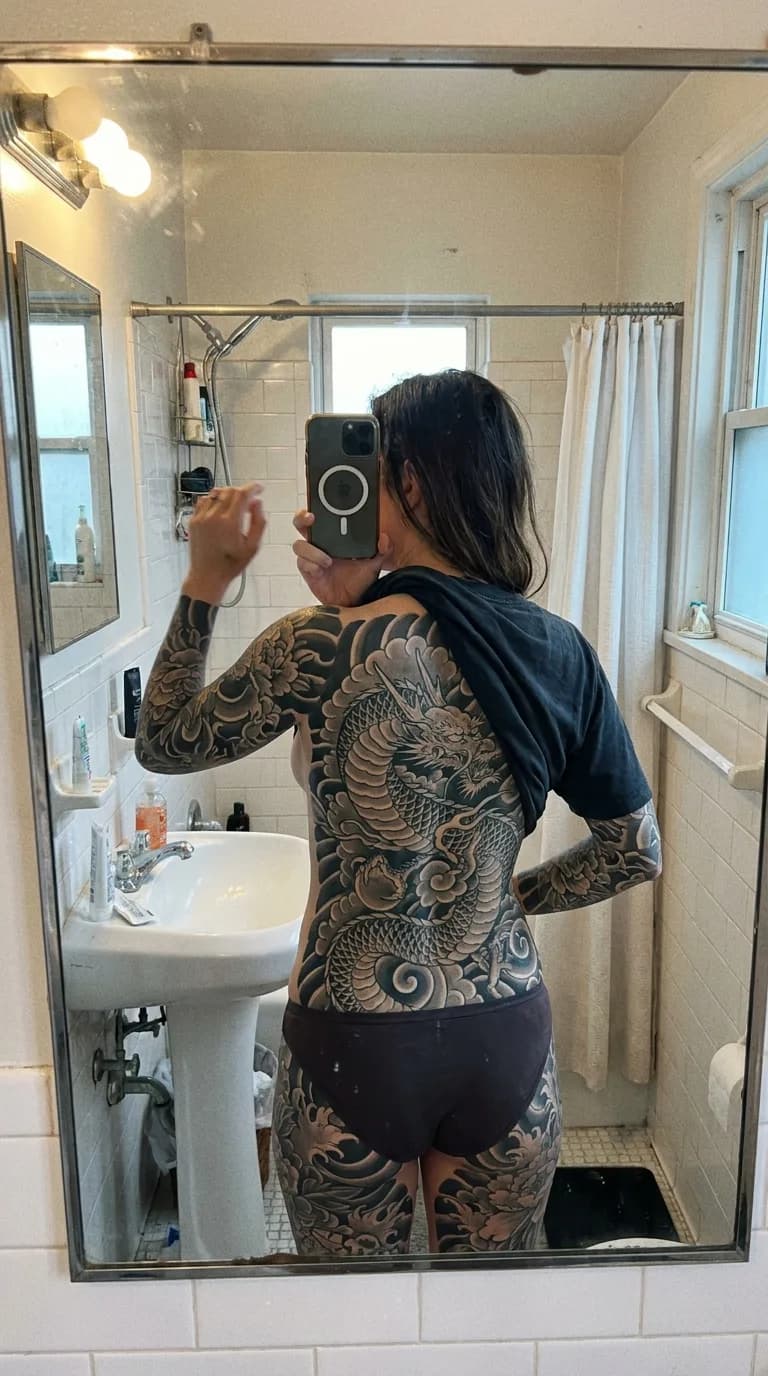 Irezumi back piece with phoenix and peony clouds