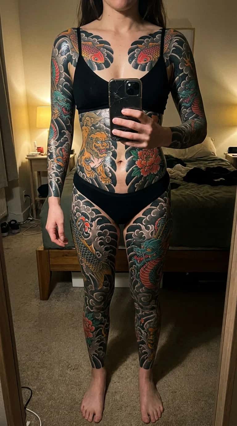 Japanese (Irezumi) tattoo idea on a woman — chest