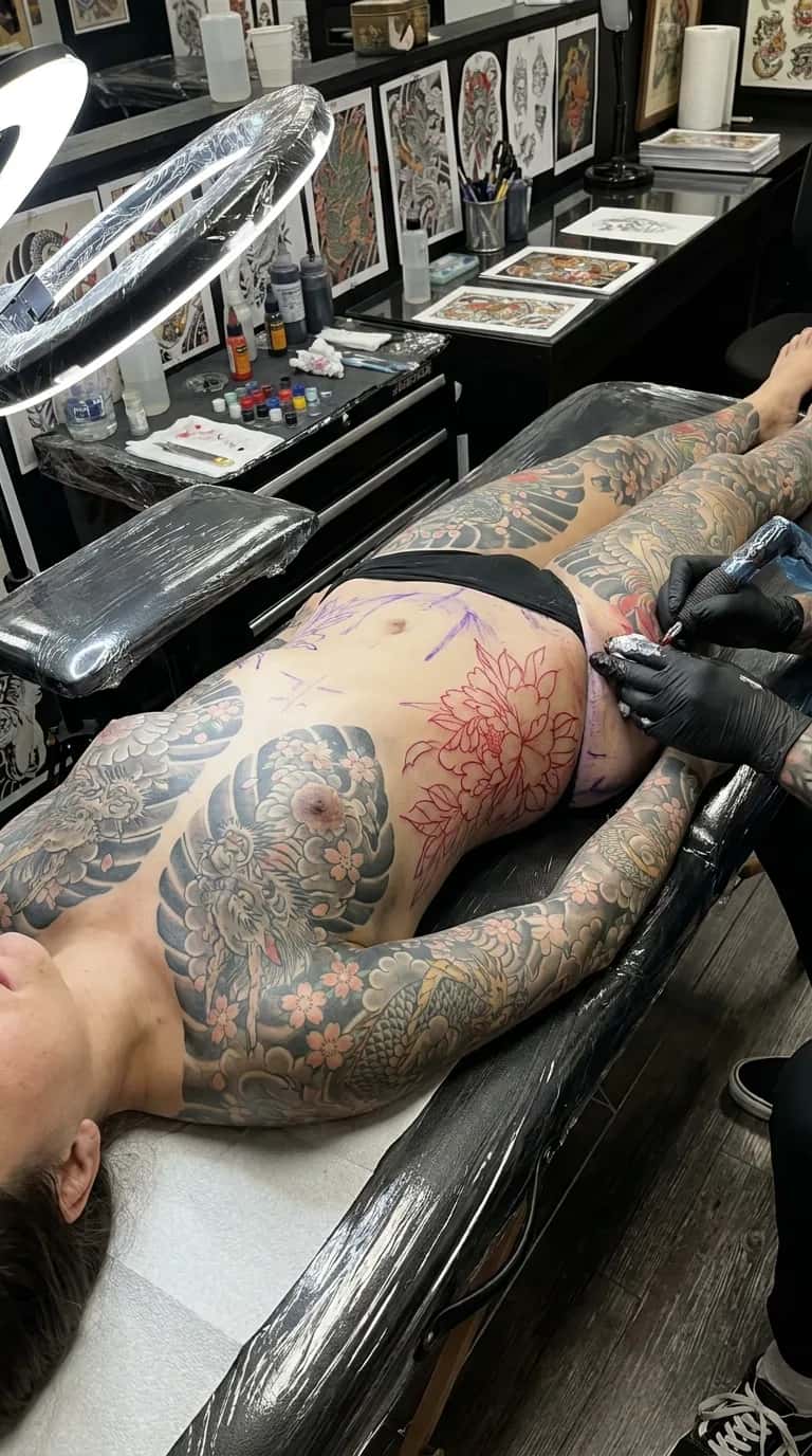 Japanese (Irezumi) tattoo idea on a woman — process midwork