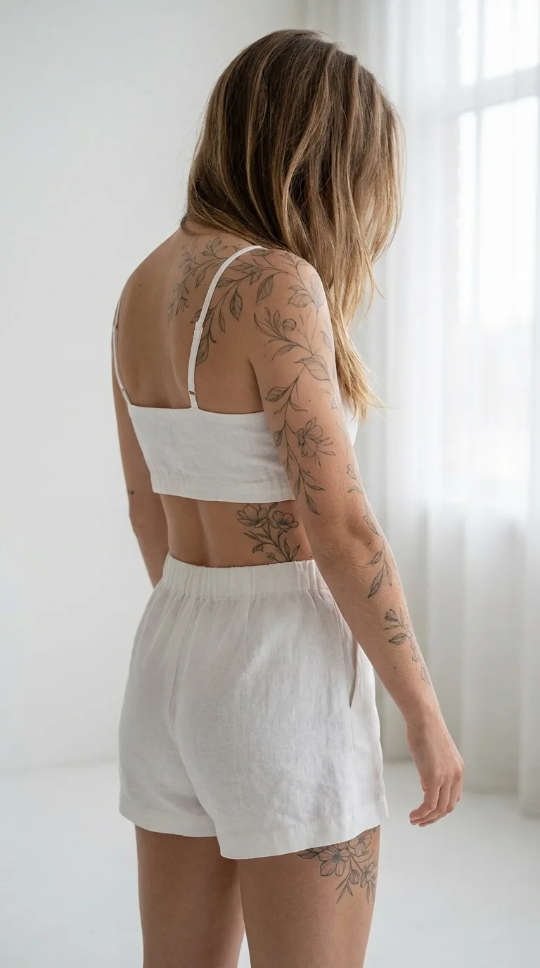 Delicate fine-line botanical tattoos on shoulder and arm