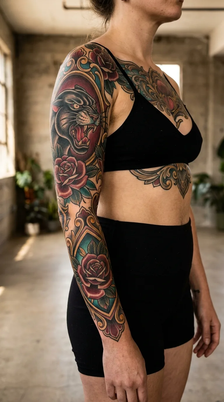 Neo-traditional sleeve with bold lines and saturated colour