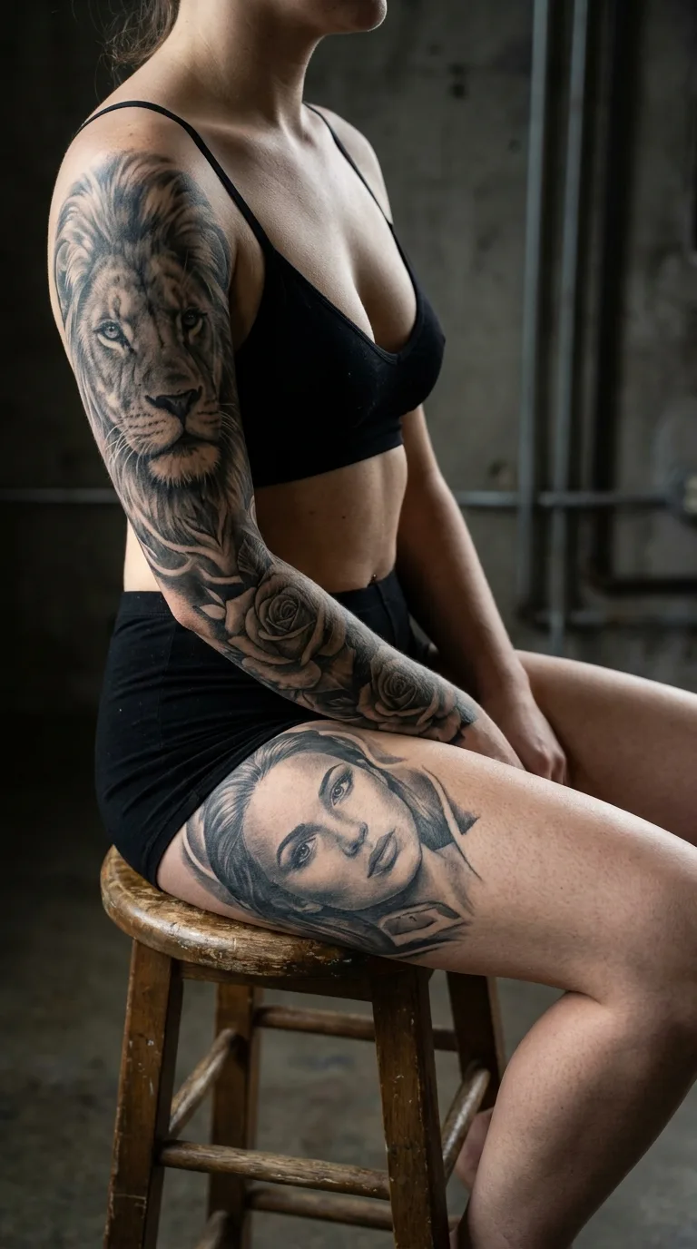 Black-and-grey realism sleeve with a lion portrait and roses