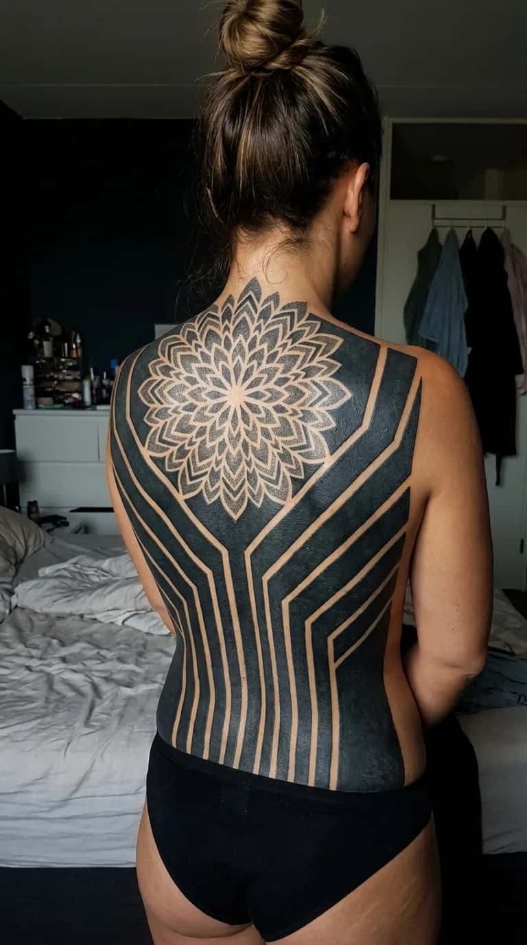 Geometric tattoo idea on a woman — blackvoid back