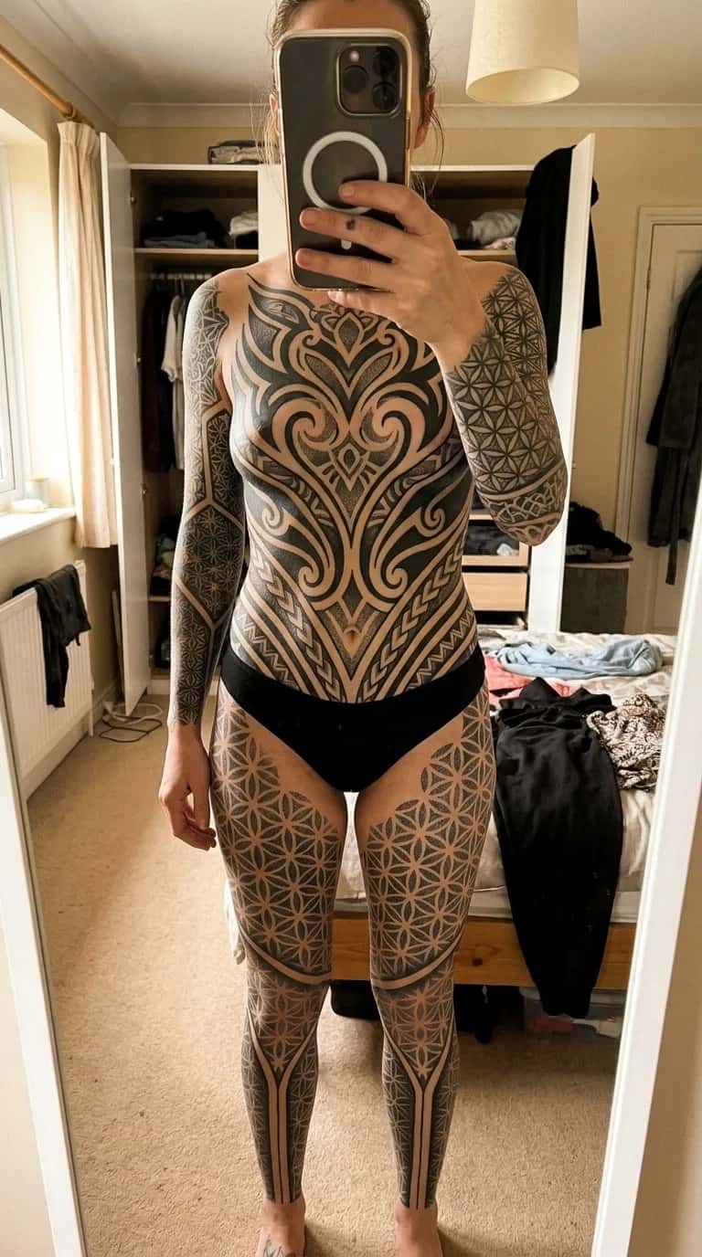 Geometric tattoo idea on a woman — mirror