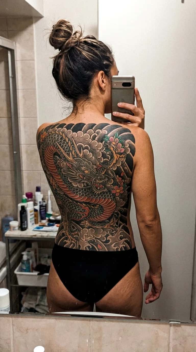 Japanese (Irezumi) tattoo idea on a woman — backpiece mirror