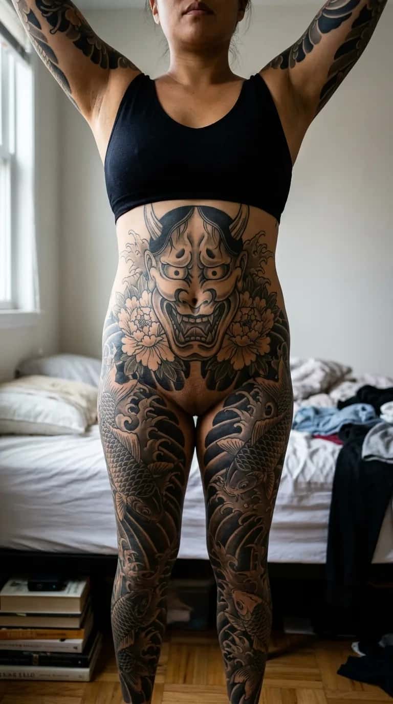 Japanese (Irezumi) tattoo idea on a woman — bedroom stretch