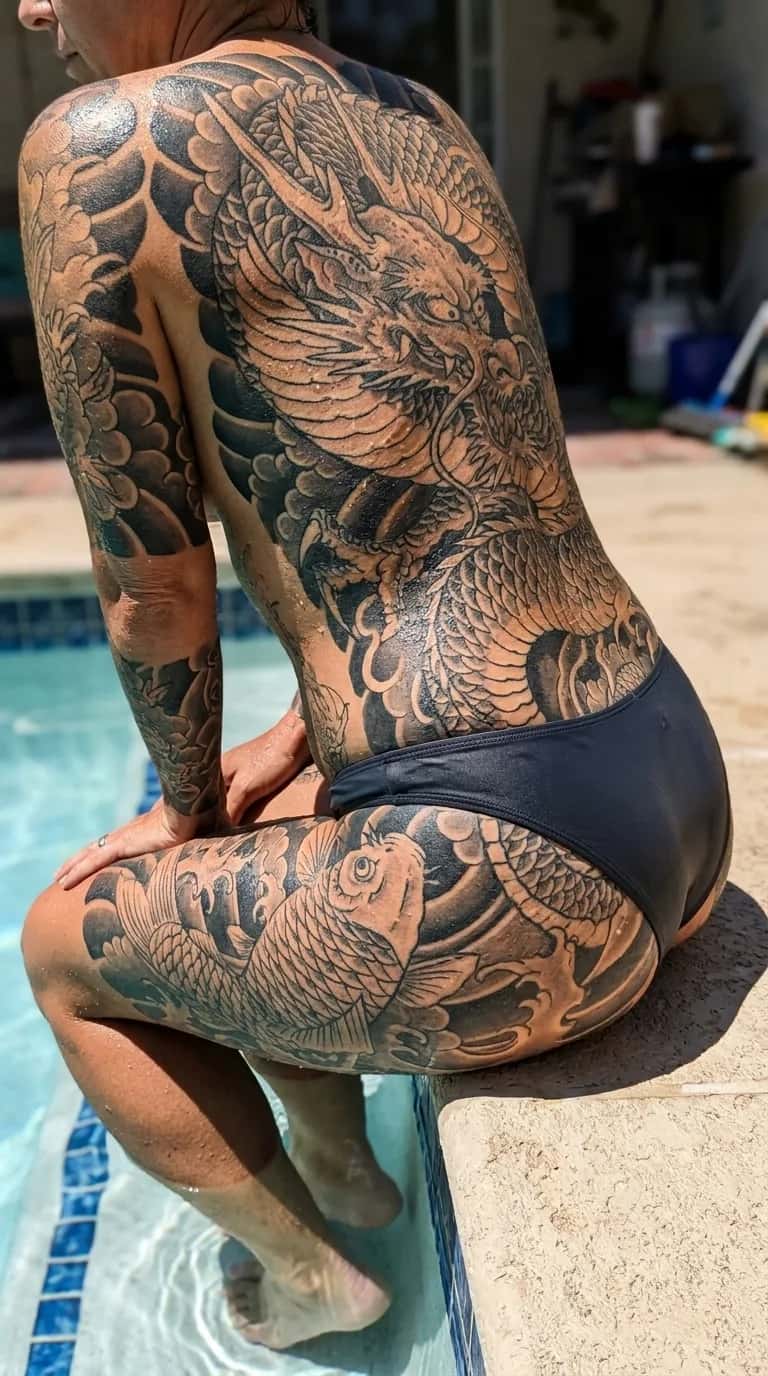 Japanese (Irezumi) tattoo idea on a woman — pool edge