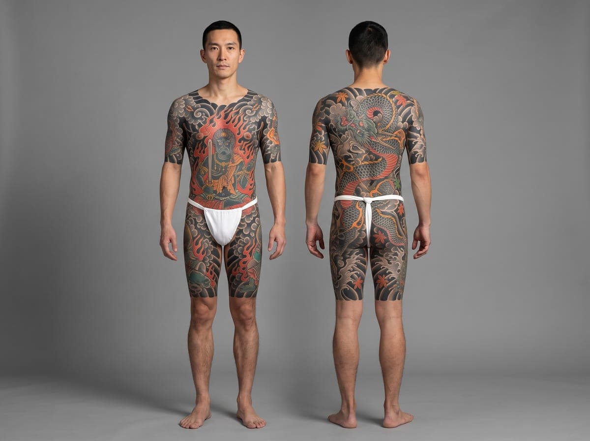 Gobusode donburi — half-length full-front Japanese bodysuit, front and back