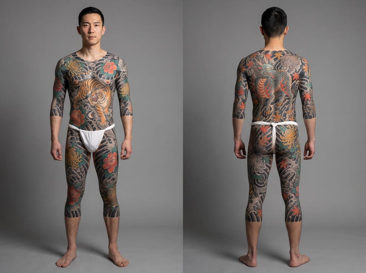 Shichibu donburi bodysuit — one unified horimono composition, front and back