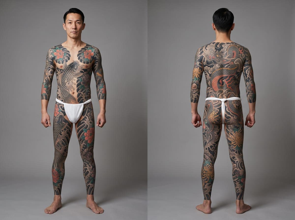 Soushinbori donburi — full-length Japanese bodysuit shown front and back
