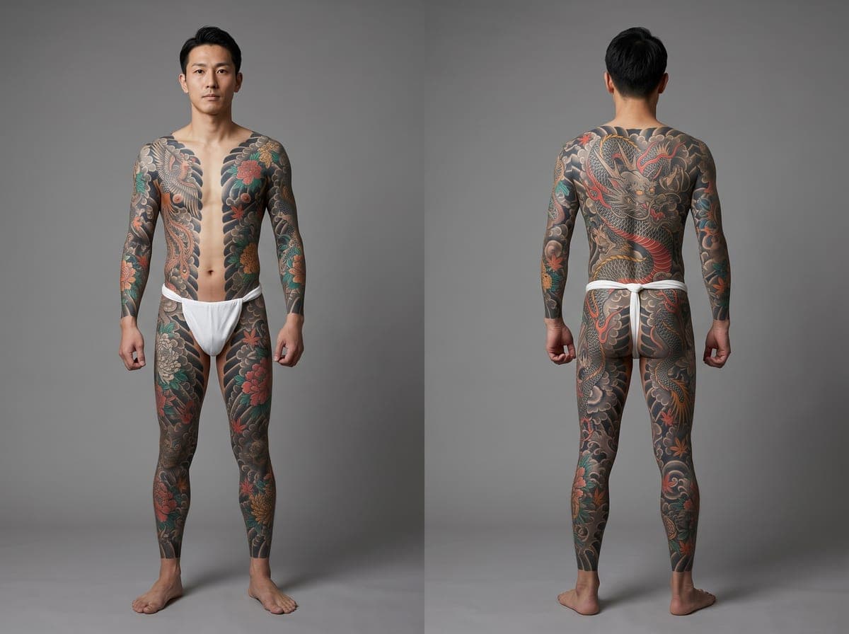 Soushinbori munewari — full-length bodysuit with the split-front channel, front and back