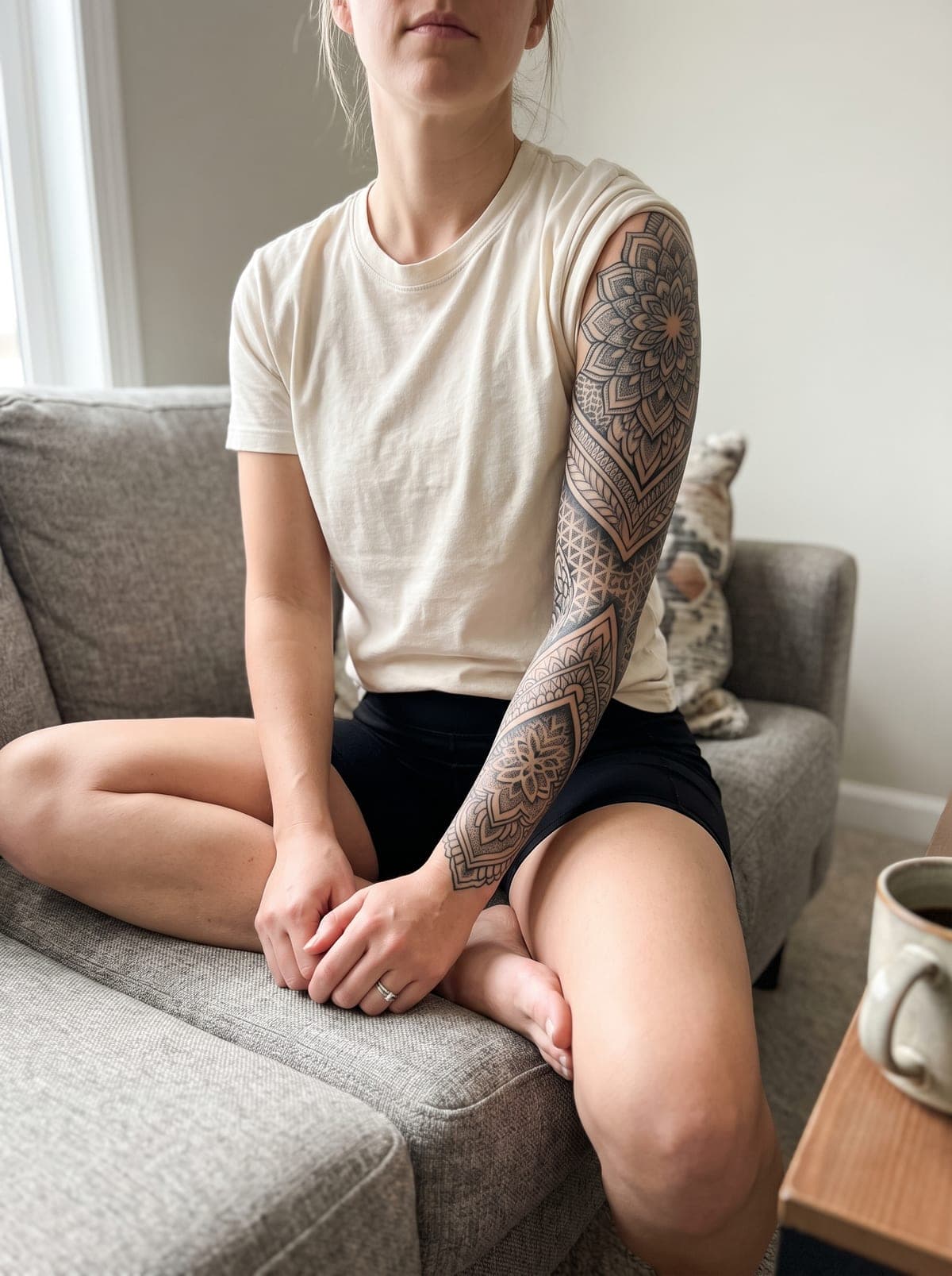Blackwork sleeve tattoo — full-sleeve from shoulder to wrist, wrapping fully around the arm