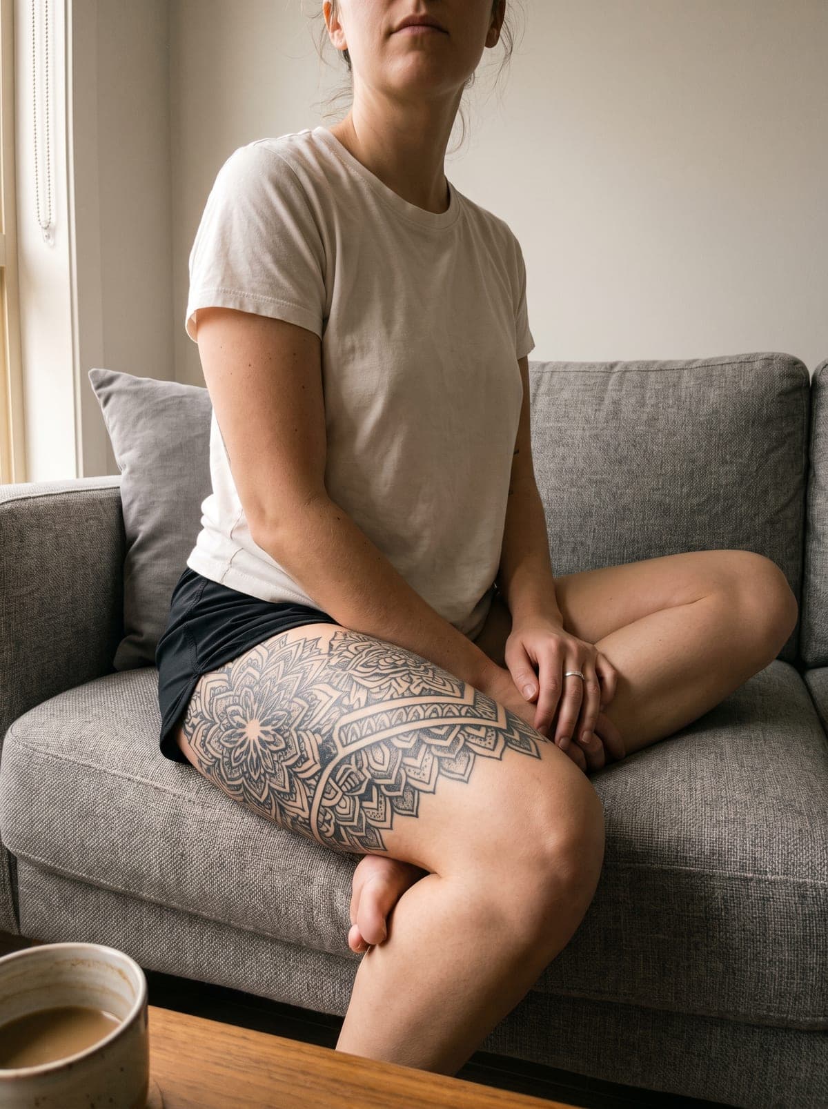 Blackwork thigh tattoo — thigh piece from hip to above the knee