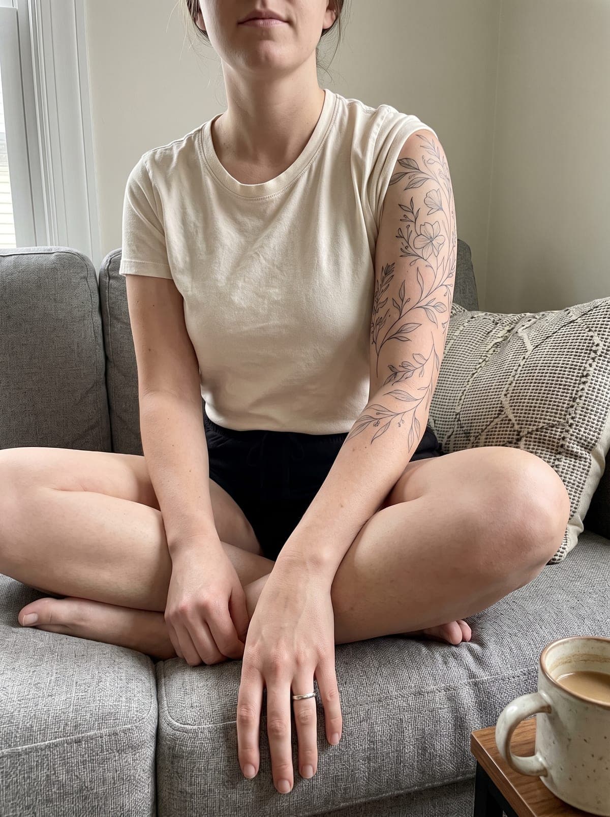 Fine Line half sleeve tattoo — half-sleeve covering shoulder to elbow