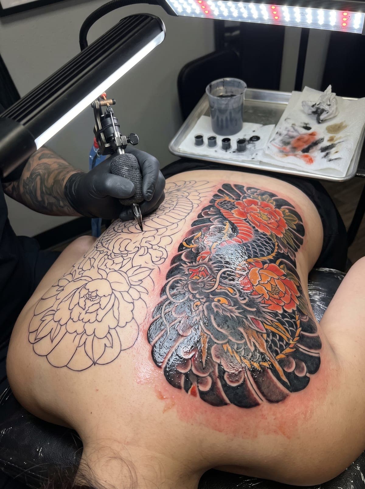 Japanese (Irezumi) back tattoo — full back piece spanning shoulder blades to lower back