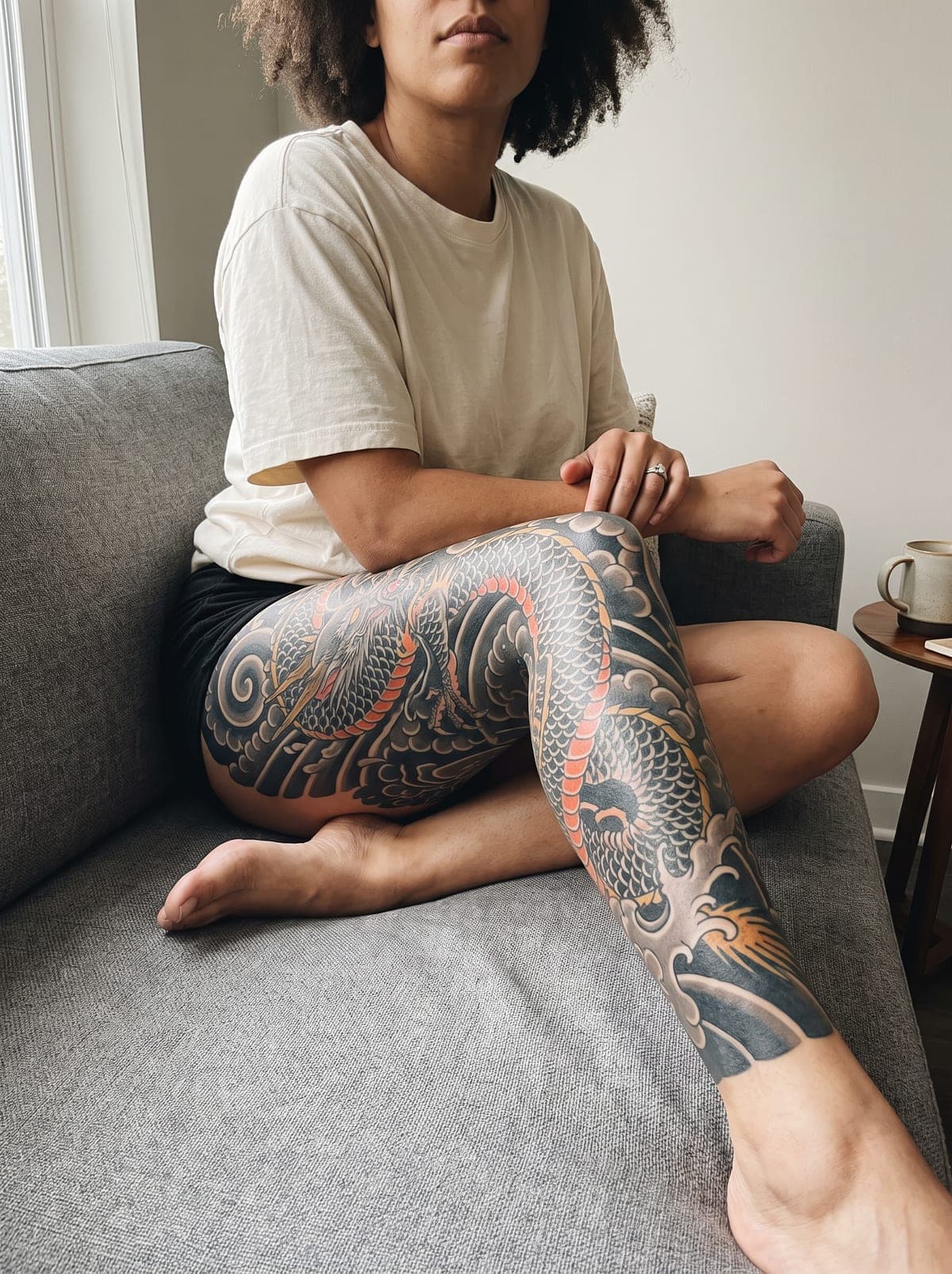 Japanese (Irezumi) leg tattoo — full leg piece from hip to ankle