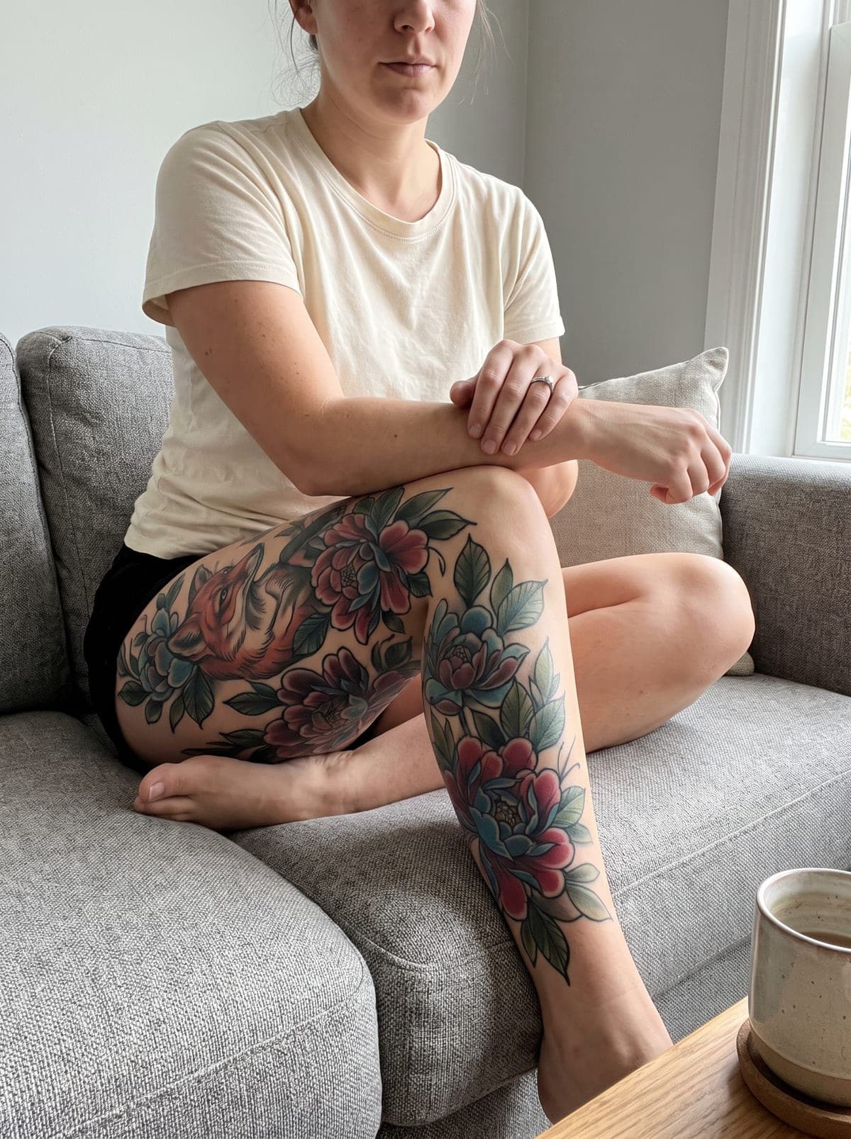 Neo-Traditional leg tattoo — full leg piece from hip to ankle