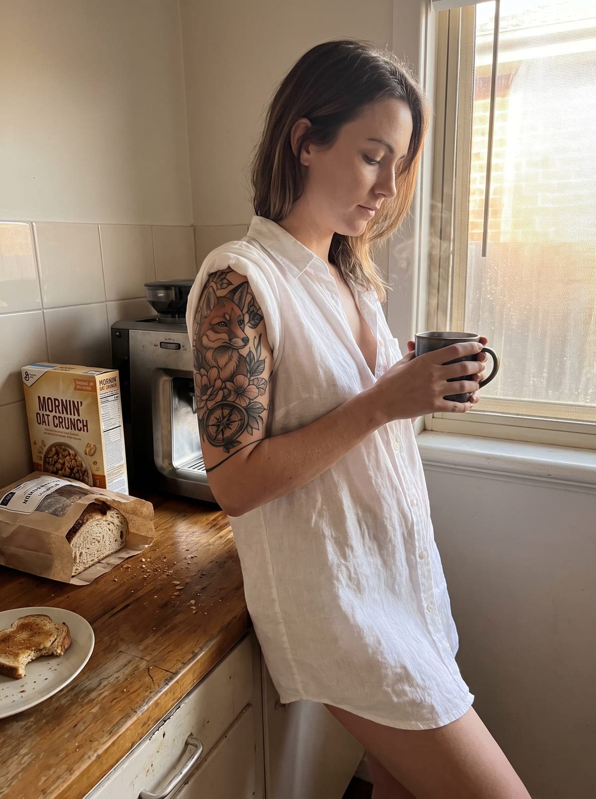 Neo-Traditional half sleeve tattoo — half-sleeve covering shoulder to elbow